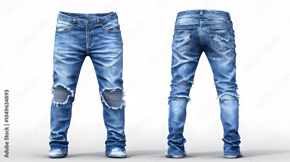 Trendy distressed blue jeans front and back view on white background Trendy distressed blue jeans front and back view on white background