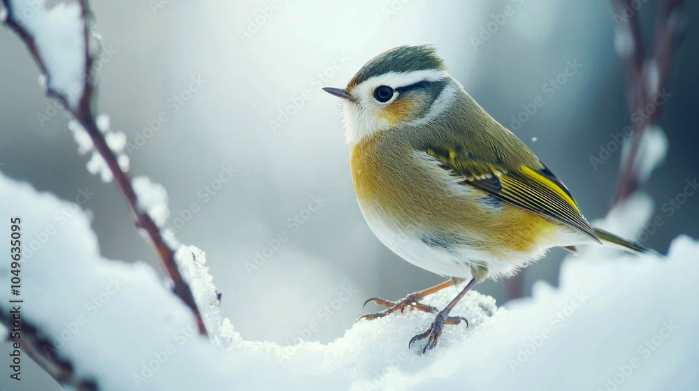 A small, green and white bird perches on a snow-covered branch in a winter forest. A small, green and white bird perches on a snow-covered branch in a winter forest.