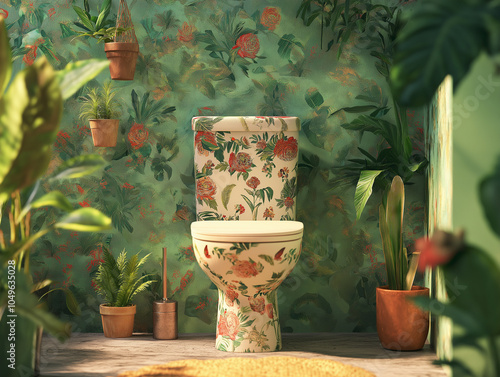 Artistic visualization of a toilet with floral patterns and lush green wallpaper