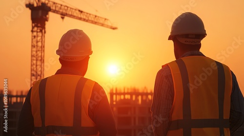 Construction engineers inspecting a multistory parking structure being built, cranes lifting concrete slabs, soft sunlight, medium wide view photo