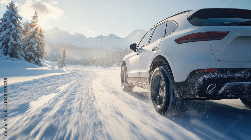 Naklejka premium High mountain snow, off-road vehicle driving on the road, rear view