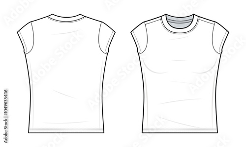 Dri FIT T-shirt flat technical fashion illustration.  Short sleeve Running shirt vector template illustration. front and back view. Slim fit. Sportswear. Women’s. white color. CAD mockup.
