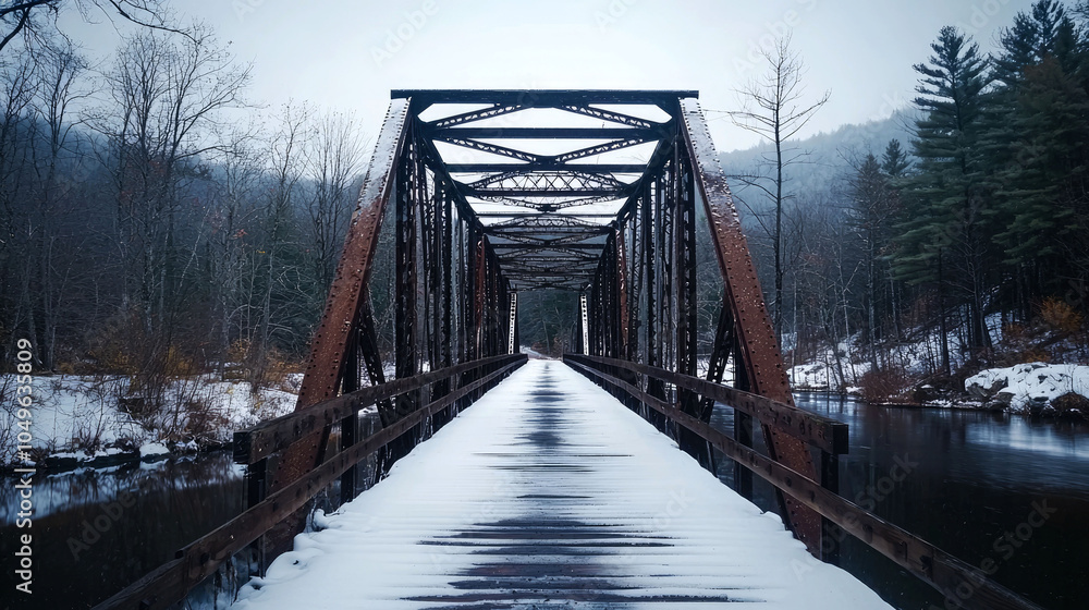 A snow-covered wooden bridge over a river, with trees on both sides. The bridge is made of metal and wood, and it is a very old structure. A snow-covered wooden bridge over a river, with trees on both sides. The bridge is made of metal and wood, and it is a very old structure.