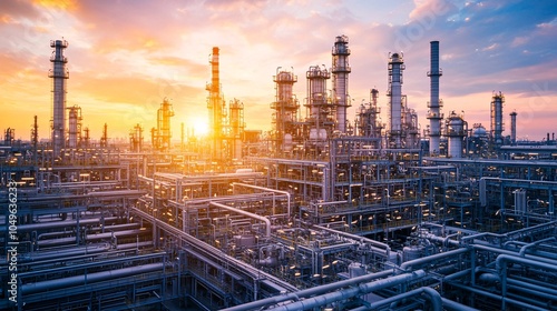 Wallpaper Mural An industrial landscape showcasing a sprawling complex of oil refinery structures against a stunning sunset sky, highlighting modern engineering. Torontodigital.ca