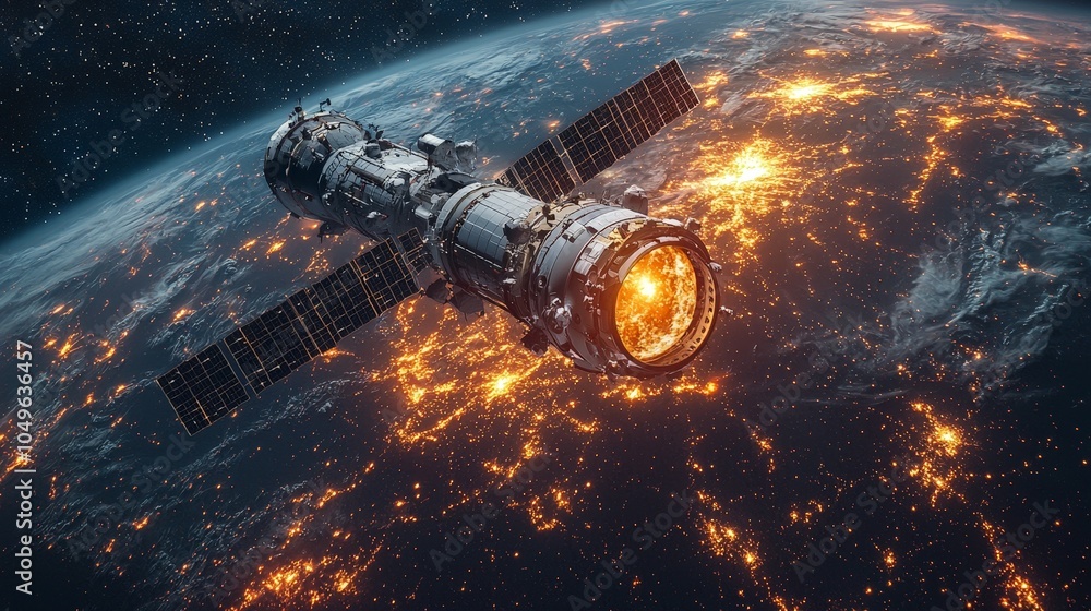 A satellite or spacecraft orbiting Earth, showcasing illuminated cities at night. A satellite or spacecraft orbiting Earth, showcasing illuminated cities at night.