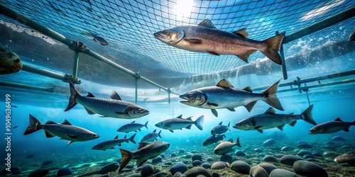 Underwater Salmon Fish Farm with Crystal Clear Visibility for Architectural Photography photo