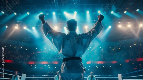 A karate athlete raises his arms proudly after becoming an Olympic competition champion photo