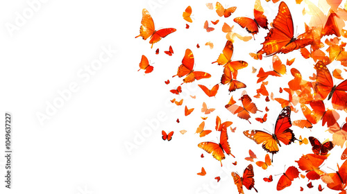 A swarm of orange butterflies on a white background with copy space.