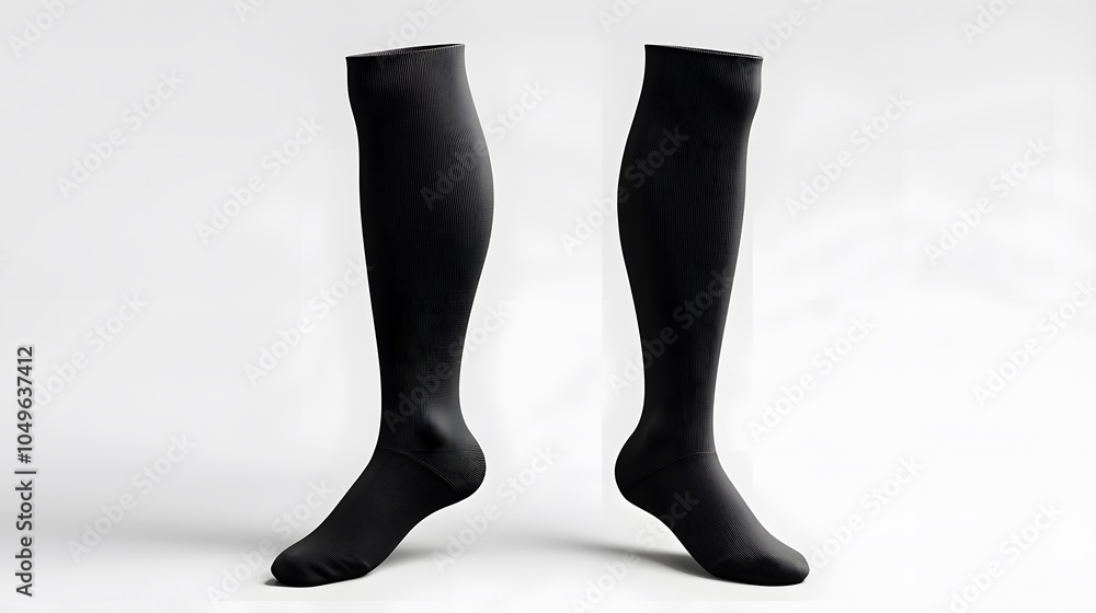 Elegant black knee-high socks on minimalist white background Elegant black knee-high socks on minimalist white background