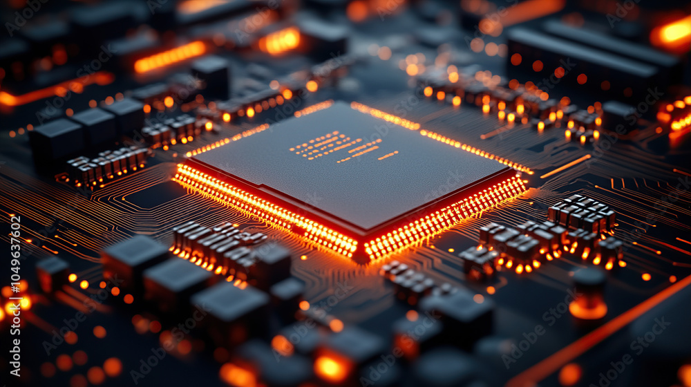 Close-up of a glowing microchip on a circuit board, with a chip in the middle Close-up of a glowing microchip on a circuit board, with a chip in the middle