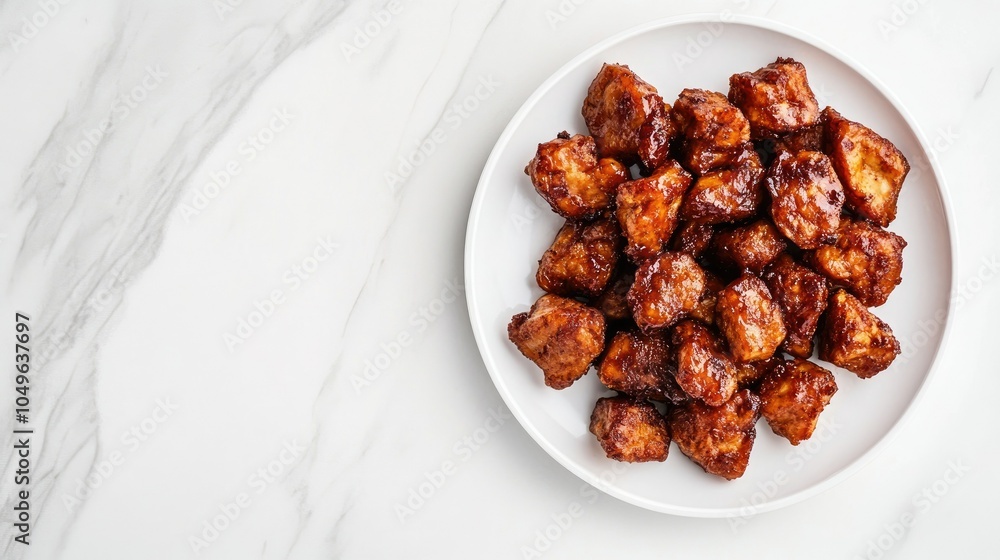 A clean white plate with crispy fried tempeh pieces, leaving plenty of negative space for recipe descriptions or food photography. A clean white plate with crispy fried tempeh pieces, leaving plenty of negative space for recipe descriptions or food photography.