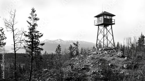 A tall, wooden fire lookout tower stands on a rocky hilltop in a forest, with snow-capped mountains in the background.