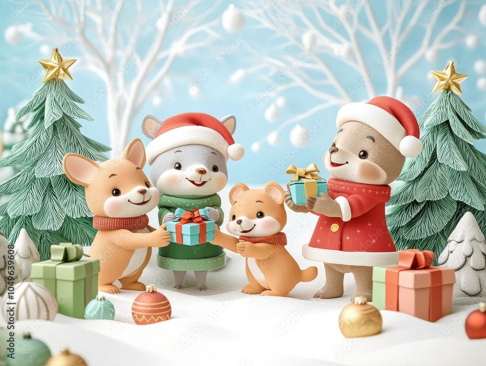 Whimsical Christmas forest with talking animals exchanging holiday gifts, enchanting scene, 3D cartoon illustration Whimsical Christmas forest with talking animals exchanging holiday gifts, enchanting scene, 3D cartoon illustration