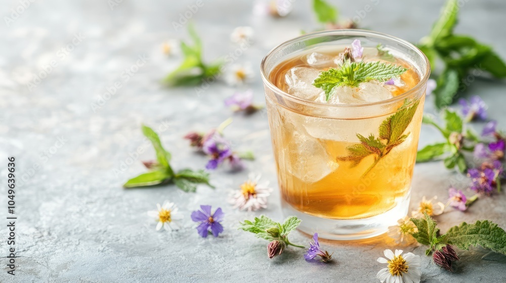 A glass of ice-cold dead nettle herbal tea with scattered wildflowers, ideal for summer-themed copy space designs. A glass of ice-cold dead nettle herbal tea with scattered wildflowers, ideal for summer-themed copy space designs.