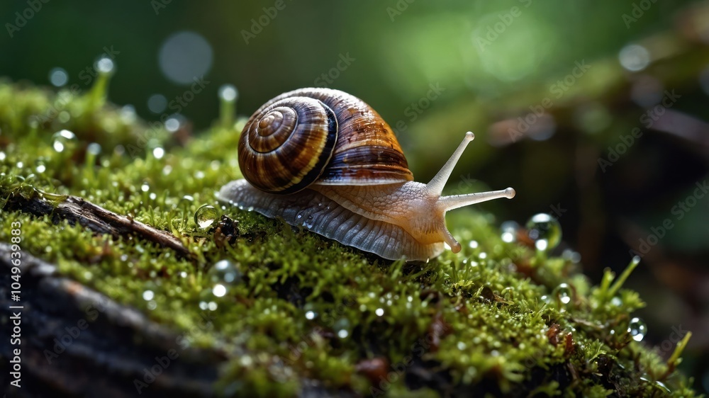 A close-up of a snail on moss, surrounded by droplets of water, showcasing nature's beauty. A close-up of a snail on moss, surrounded by droplets of water, showcasing nature's beauty.