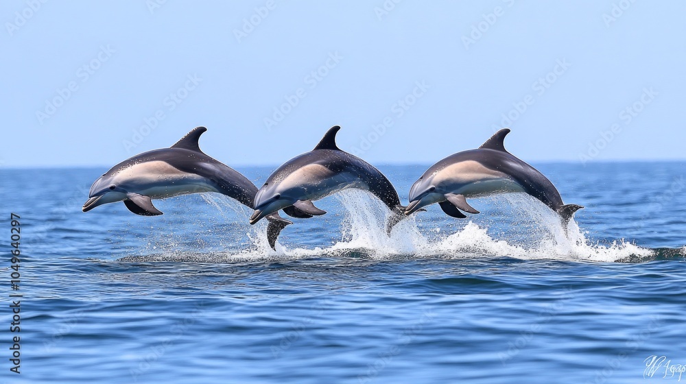 Obraz premium Three dolphins leap joyfully out of the blue ocean, creating a playful and vibrant scene of nature beauty and marine life.