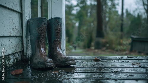 Rainy Day Boots on Wet Porch in Green Landscape photo