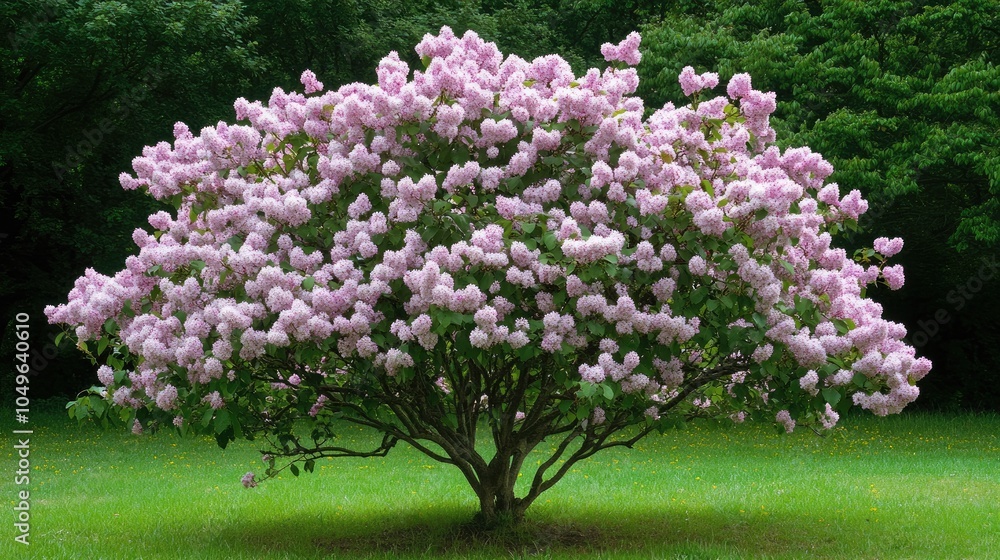 Obraz premium A large lilac bush covered in delicate blossoms, set outdoors with open space for springtime promotions or designs.