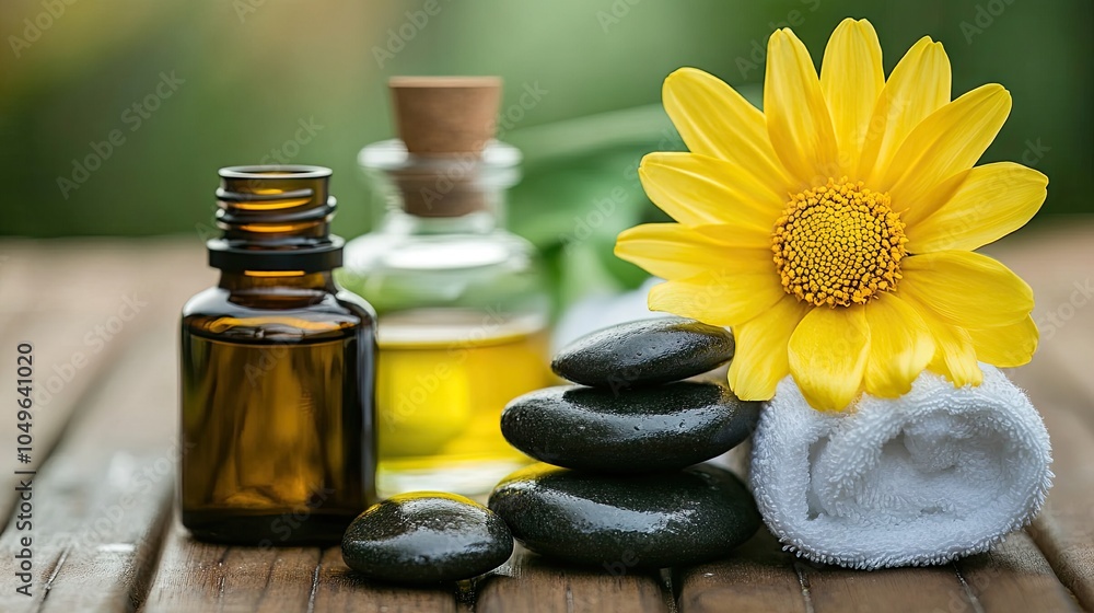 Relaxing Spa Essentials with Yellow Flower and Stones Relaxing Spa Essentials with Yellow Flower and Stones
