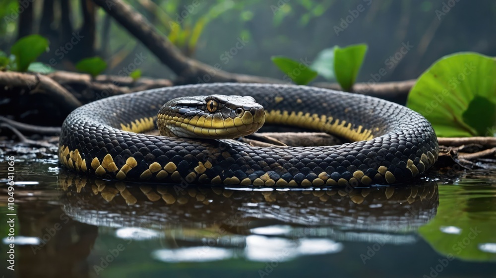 A close-up of a snake coiled near water, surrounded by lush greenery in a misty environment. A close-up of a snake coiled near water, surrounded by lush greenery in a misty environment.