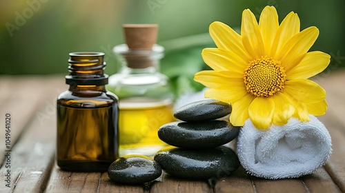 Relaxing Spa Essentials with Yellow Flower and Stones