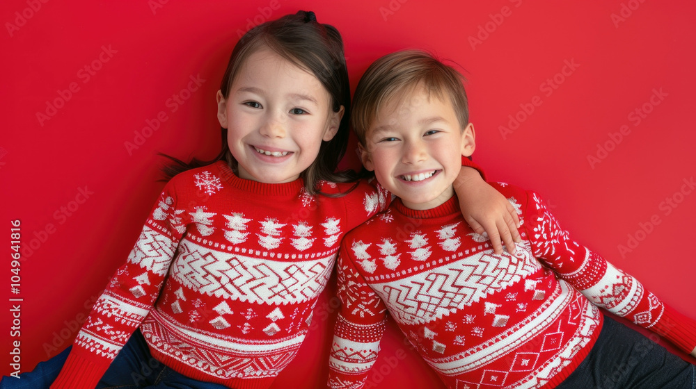 Caucasian boy and girl, siblings, smiling in Christmas sweaters against a red background. Caucasian boy and girl, siblings, smiling in Christmas sweaters against a red background.
