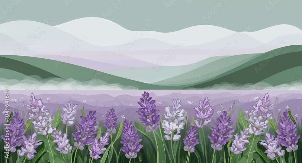 Fototapeta premium painting of a Lavender sage soft white capture delicate fog over flower fields