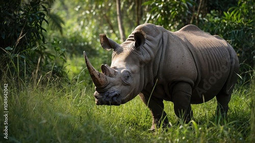 A rhinoceros stands in a lush green environment, showcasing wildlife in its natural habitat.