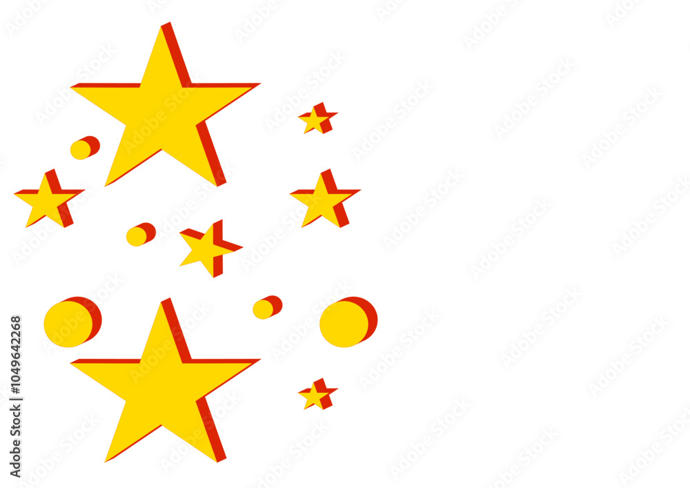Obraz premium a collection of yellow stars and circles with red shadows, giving them a three-dimensional appearance. The stars and circles are scattered across the left side of the image, with varying sizes