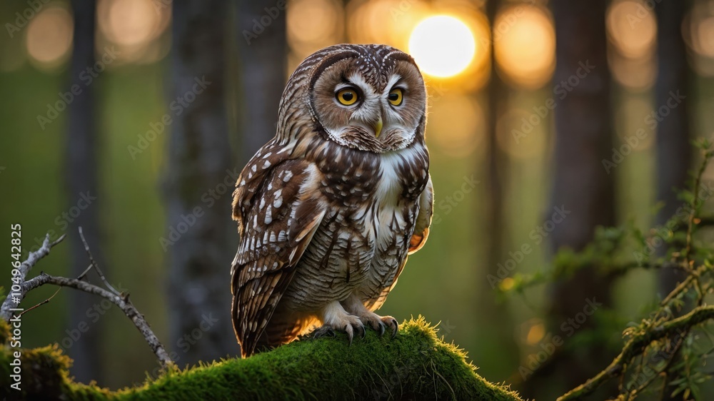 A majestic owl perched on a mossy branch with a sunset in the background. A majestic owl perched on a mossy branch with a sunset in the background.
