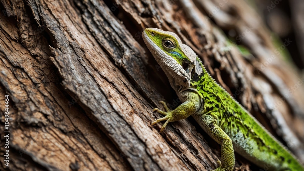 A vibrant lizard with green and yellow hues rests on textured bark. A vibrant lizard with green and yellow hues rests on textured bark.
