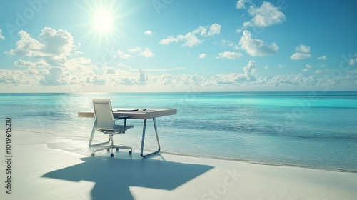 Beachside Work Paradise: A pristine white desk and chair stand on a sandy beach, bathed in the warm glow of the sun, with a laptop and notebook waiting for the perfect inspiration to strike. photo