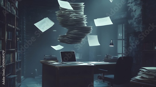 Surreal Futuristic Workspace with Ghostly Levitating Office Supplies and Paperwork photo