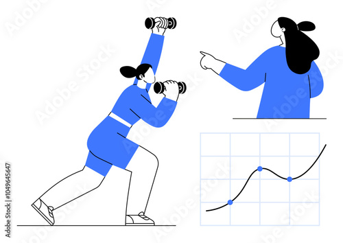 Woman lifting dumbbells during a workout, instructor pointing at a growth chart with upward trend. Ideal for fitness, health, coaching, progress tracking, and personal growth themes. Modern