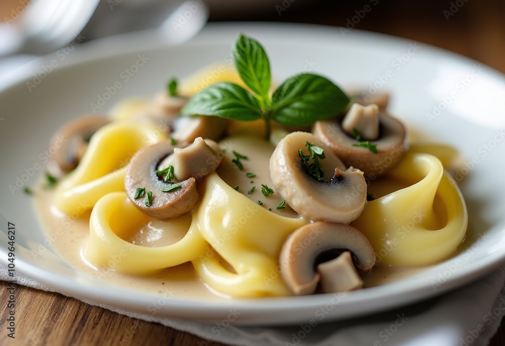 Artful Presentation of Tortellini with Creamy Mushrooms: A Close-Up from a Beautifully Styled Kitchen Artful Presentation of Tortellini with Creamy Mushrooms: A Close-Up from a Beautifully Styled Kitchen