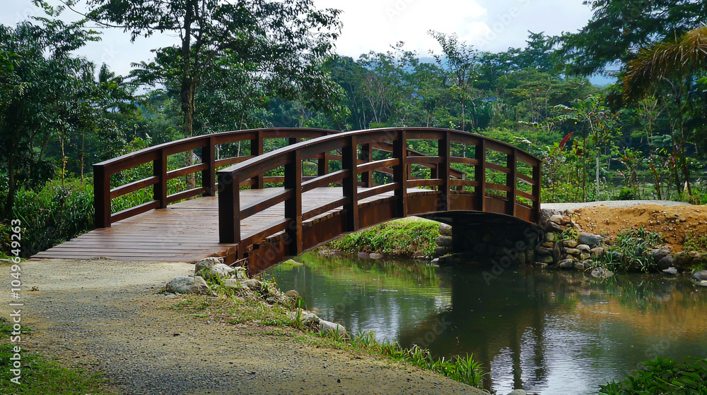 A wooden bridge arches over a tranquil stream in a lush green forest. A wooden bridge arches over a tranquil stream in a lush green forest.