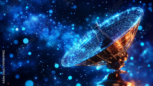 A satellite dish points toward the star-filled sky, engaged in the search for signals from distant celestial bodies