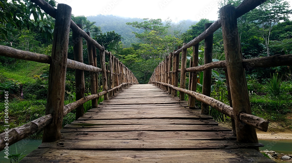 Fototapeta premium A wooden bridge with railings leads into a lush green forest.