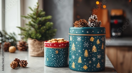 Charming festive storage canisters filled with holiday treats and pinecones in a cozy kitchen setting during winter photo