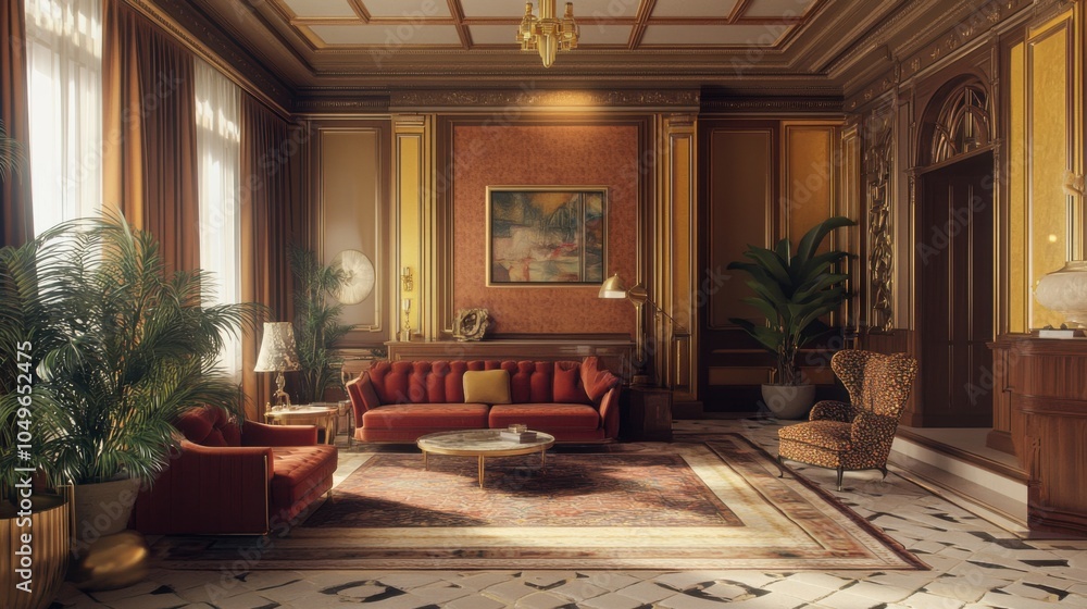 Art deco home, elegant interior with bold patterns, geometric shapes, and luxurious materials, promoting classic glamour, ready for stock photos, Art deco home, elegant interior with bold patterns, geometric shapes, and luxurious materials, promoting classic glamour, ready for stock photos,