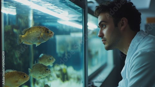 Aquatic biology study, biologist observing fish behavior in a water tank, lab background, promoting marine science, suitable for stock photos, photo