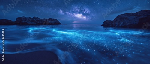 Stunning view of the ocean illuminated by bioluminescent waves under a starry night sky, showcasing the beauty of nature's wonders.