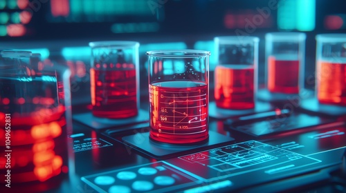 A laboratory table covered with advanced drugtesting equipment, with glowing petri dishes, digital interfaces displaying test results, and molecular diagrams photo