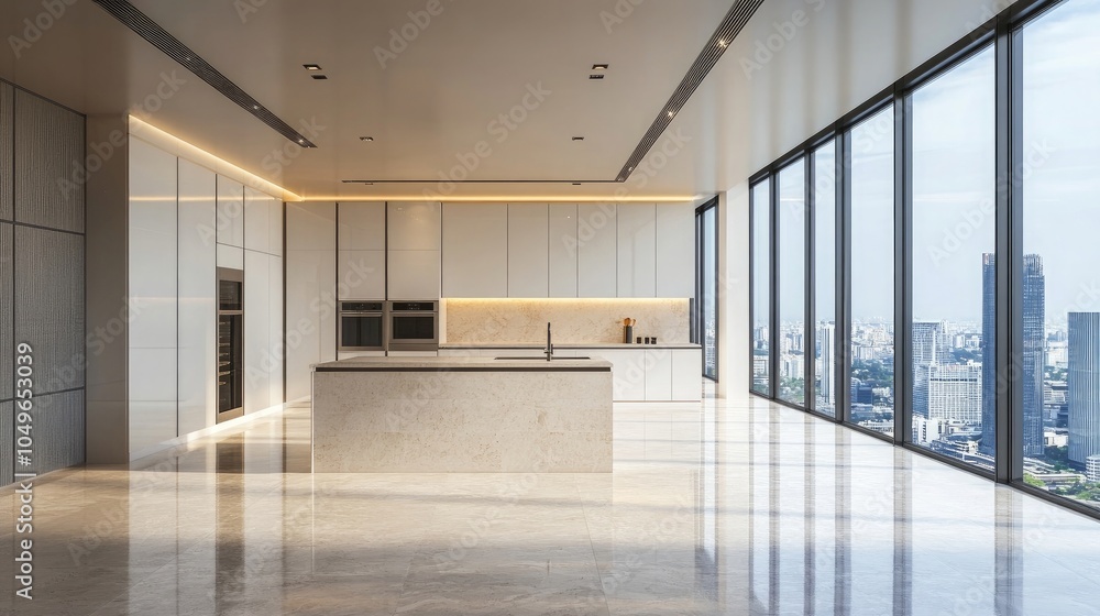 Fototapeta premium Modern empty kitchen interior with large windows and city view