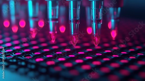 Automated pipette systems in action, transferring liquids into hightech drug screening plates with glowing liquid reagents reacting under specific wavelengths of light photo