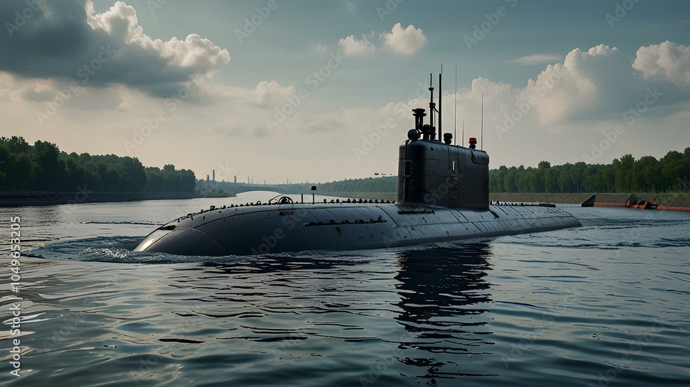 Fototapeta premium Navy submarine, river and military for Security, transport, and economics. Canal, safety and military for global delivery. Goods, services and stock for distribution to international market.