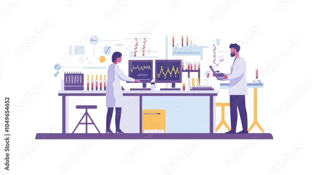 Fototapeta premium Biology lab scene, scientists analyzing gene sequences on computers, promoting biotechnology and genetic research, modern lab, stock-ready,