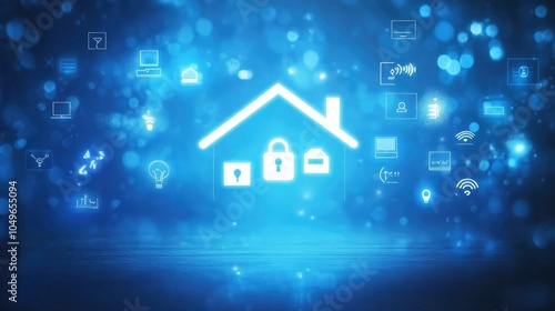 Smart home icon displayed on a blue background, representing IoT connectivity and home automation systems