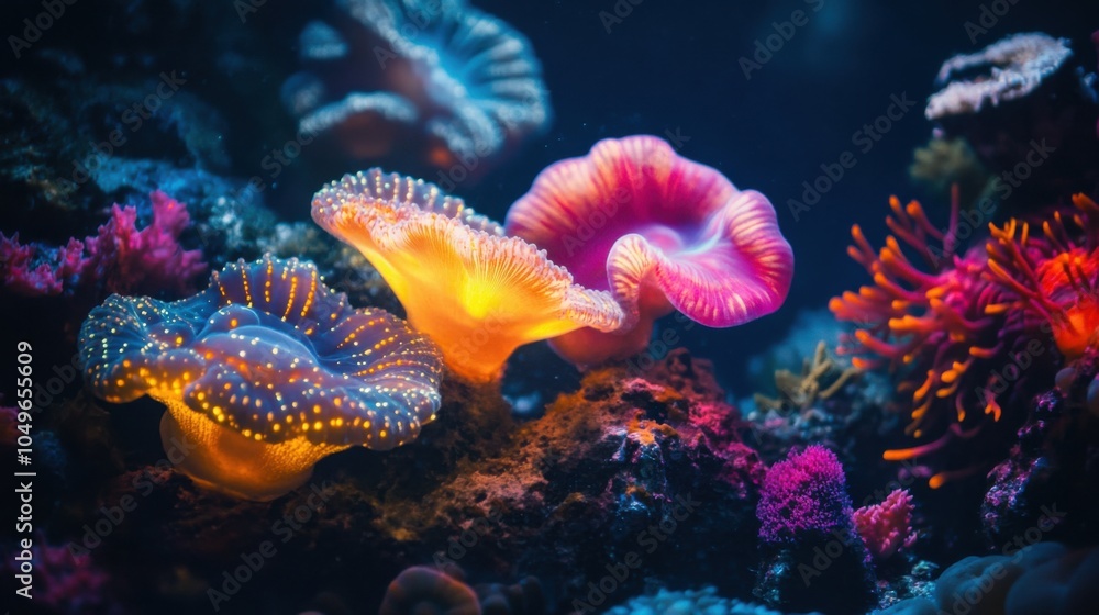Fototapeta premium Bioluminescent organisms, underwater scene with glowing sea creatures, dark background, vibrant colors, showcasing marine biology, ideal for stock images,