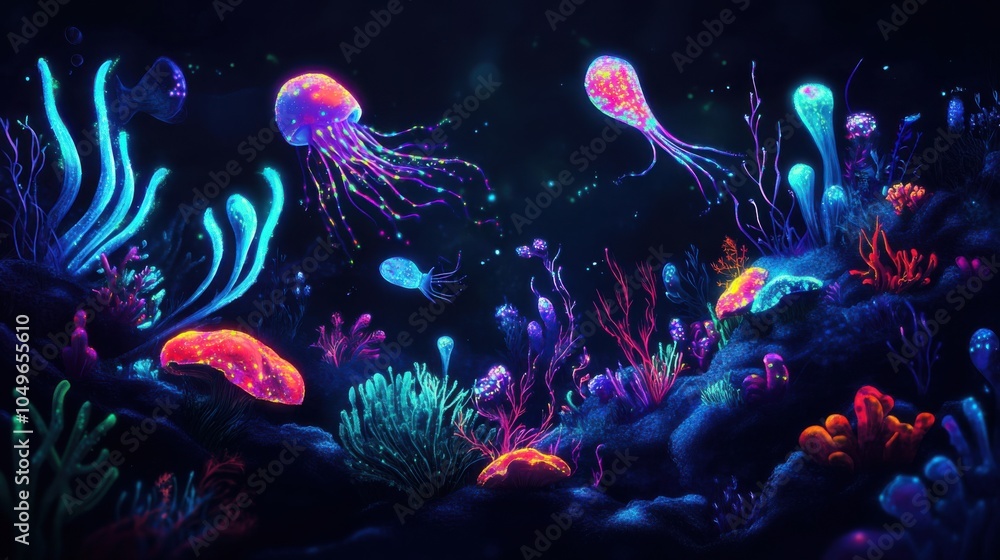 Obraz premium Bioluminescent organisms, underwater scene with glowing sea creatures, dark background, vibrant colors, showcasing marine biology, ideal for stock images,